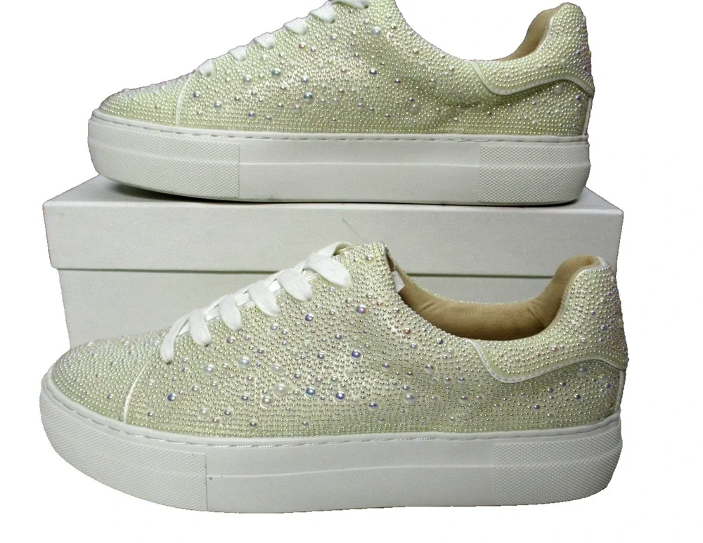 Betsy Johnson Sidny Sneakers Platform Pearl White Rhinestone Shoes Womens Sz 9.5